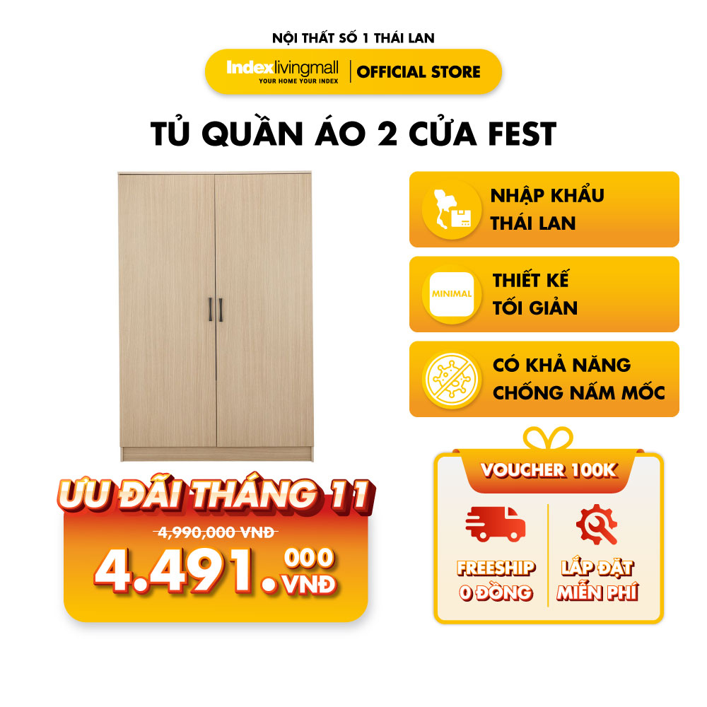 Tủ quần áo 2 cánh Fest 1m2 Gỗ Công Nghiệp cao cấp chống ẩm Màu gỗ tự nhiên | Index Living Mall - Phân phối độc quyền tại Việt Nam | Nhập khẩu Thái Lan