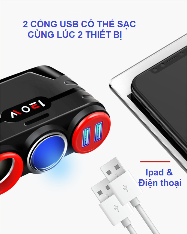 BỘ CHIA TẨU SẠC THÔNG MINH 4IN1 , 2 CỔNG USB VÀ  2 TẨU SẠC (Tặng móc khóa hình bánh lái tàu)