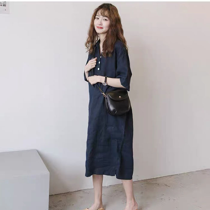 Đầm suông linen cổ đức form rộng 2 túi ốp sườn trẻ trung, thời trang phong cách trẻ - Xanh than