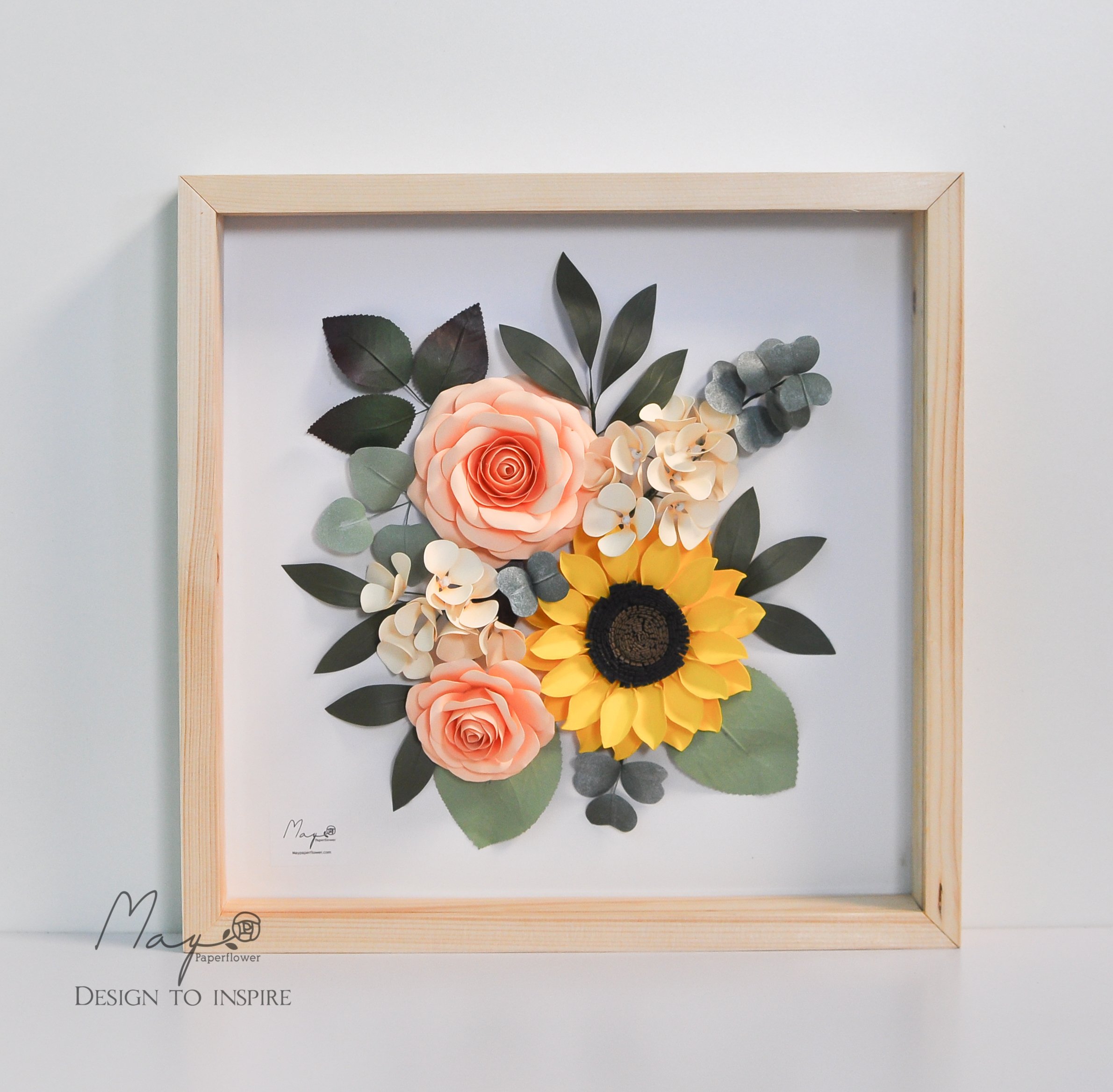 Tranh Hoa Giấy Handmade Trang Trí - Bình Minh MAYPAPERFLOWER Khung Gỗ Size 33x33cm