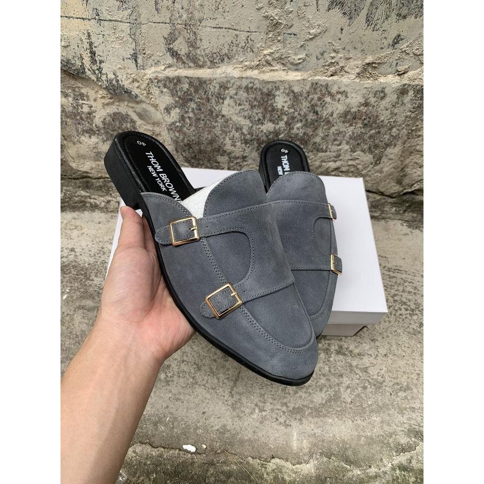 Double Monk Strap Slipper, giày sục nam da bò