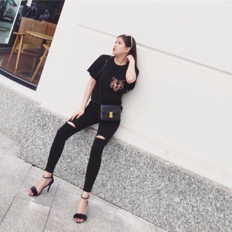 Quần skinny kaki VNXK rách gấu 2 màu đen trắng co dãn