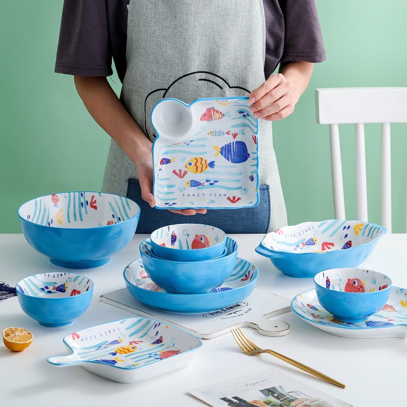 Set 27 chi tiết màu xanh đại dương họa tiết cá sắc màu