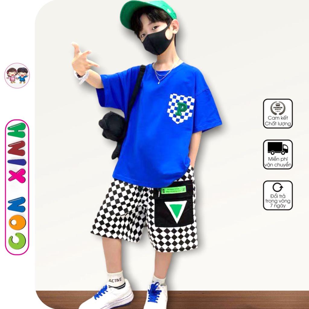 Bộ đồ bé trai Con Xinh cotton hình in túi CARO-P, thời trang dành cho trẻ em từ 4 đến 10 tuổi