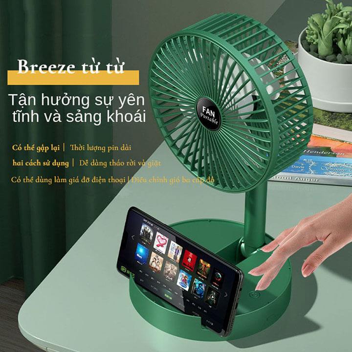 Quạt tích điện mini để bàn gấp gọn Super Fan có thể điều chỉnh độ cao, 3 tốc độ gió, sạc micro USB có giá đỡ điện thoại