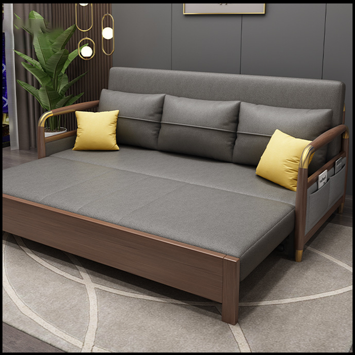 Giường Sofa Gấp Gọn Kiêm Ghế Sofa. Giường Ngủ Sofa Cao Cấp Có Hộc Chứa Đồ. Toàn Bộ Khung Thép Chịu Lực Sơn Tĩnh Điện. Tay Ốp Gỗ Sồi Bọc Đồng. Thiết Kế Thẩm Mĩ, Hiện Đại