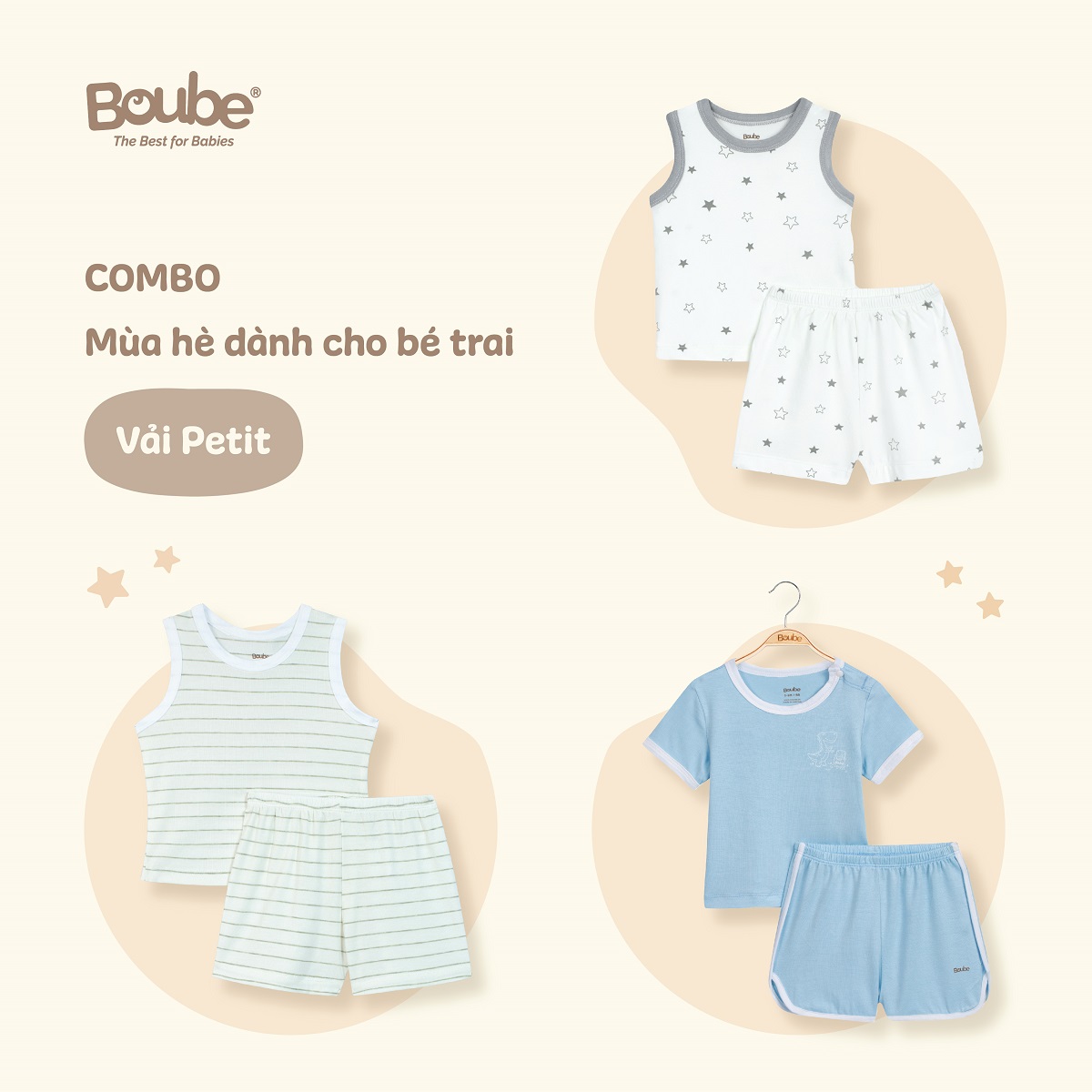 Combo 3 bộ quần áo mùa hè mát mẻ cho bé trai Boube, chất vải petit mềm mịn, thoáng mát - Full size cho bé 0-24M (3-15kg)