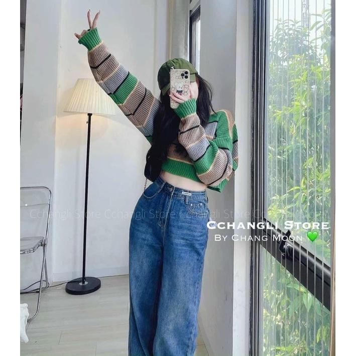 Áo len nữ dài tay kẻ xanh croptop hót hít