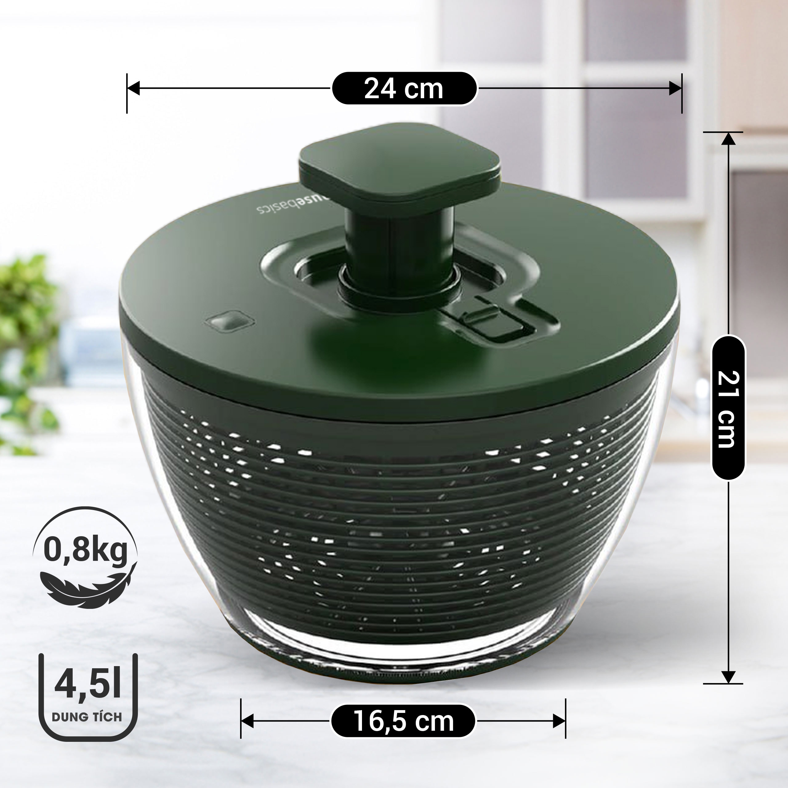 Rổ quay rau ly tâm Zuhausebasics ZB68 GREEN, rổ quay salat chất liệu nhựa PP - hàng chính hãng