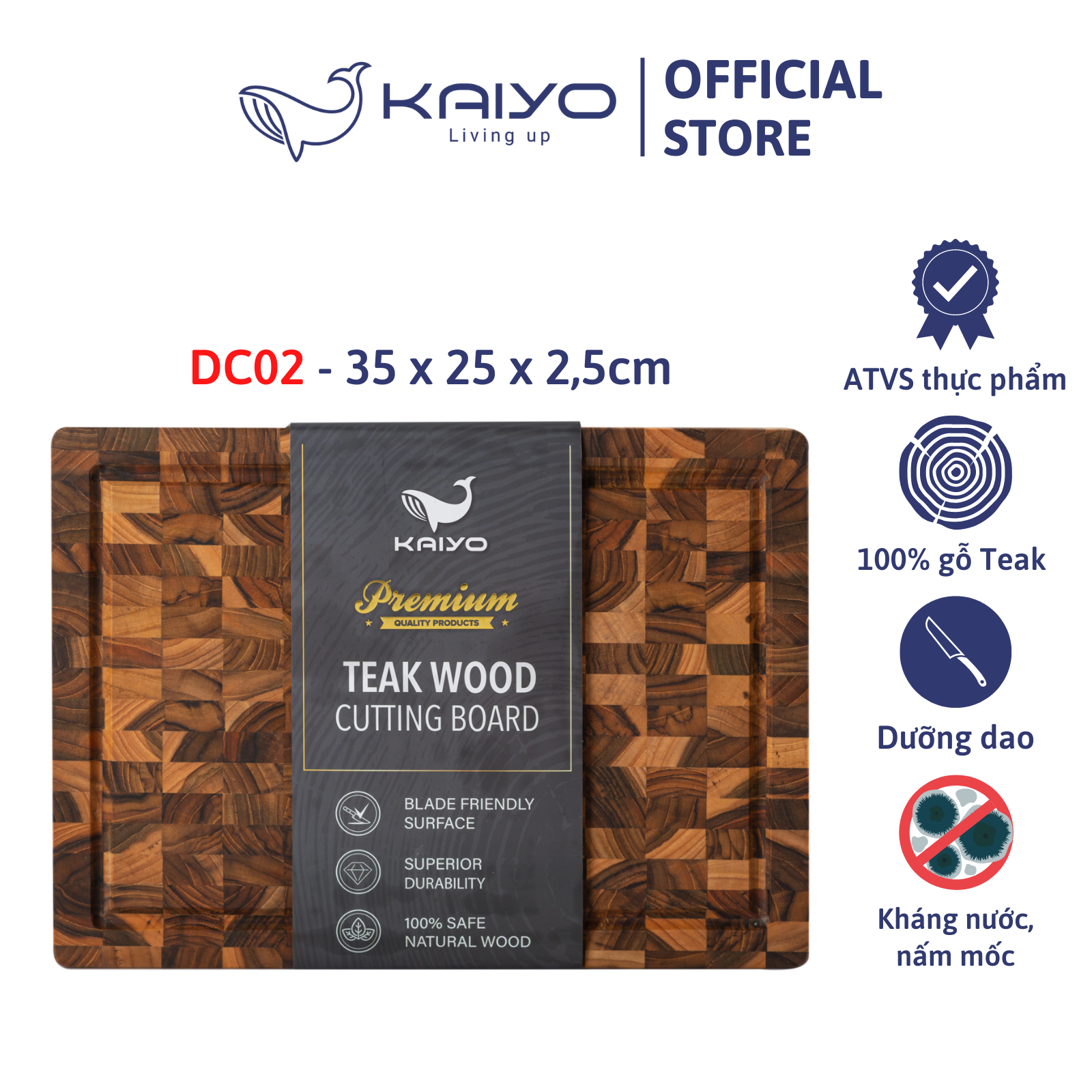 Thớt thái gỗ teak đầu cây KAIYO size S 30 x 20 x 2,5cm