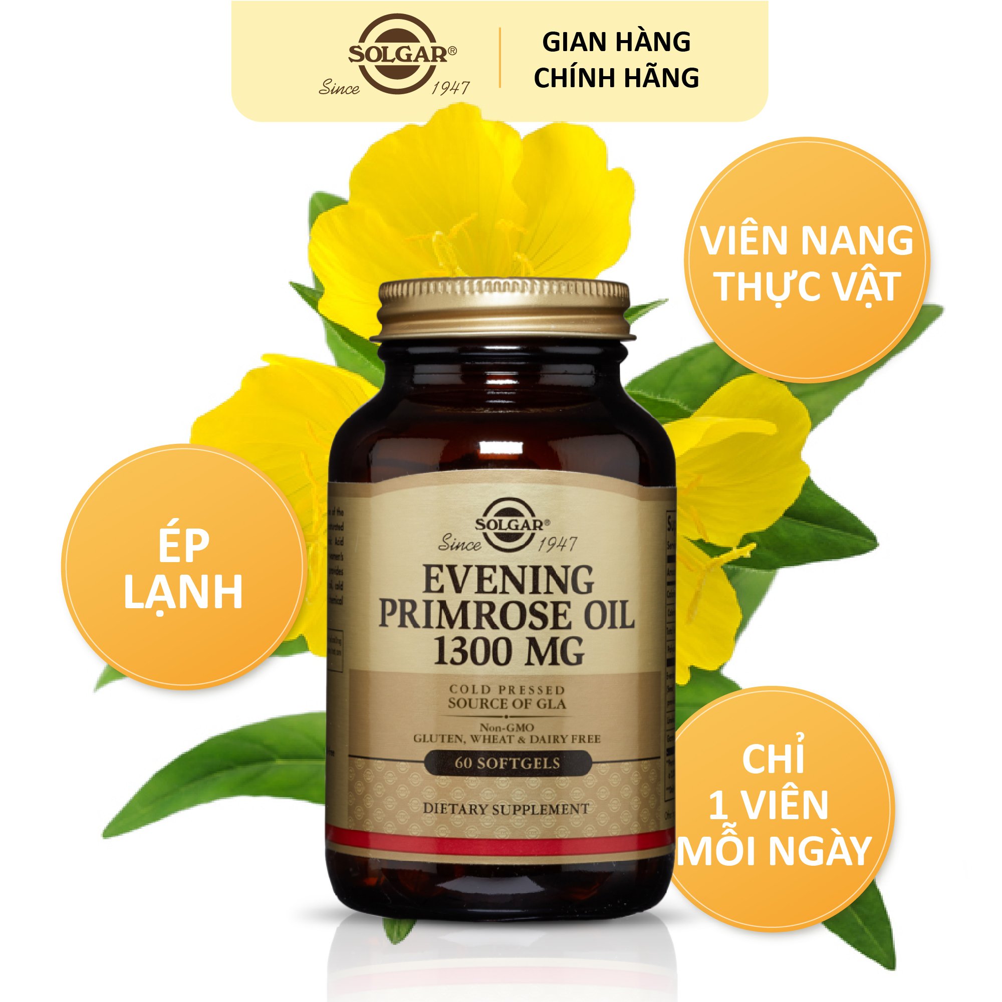 Viên uống điều hòa nội tiết tố nữ, nuôi dưỡng da Solgar Dầu Anh Thảo Evening Primrose Oil 1300 mg - NHẬP KHẨU USA