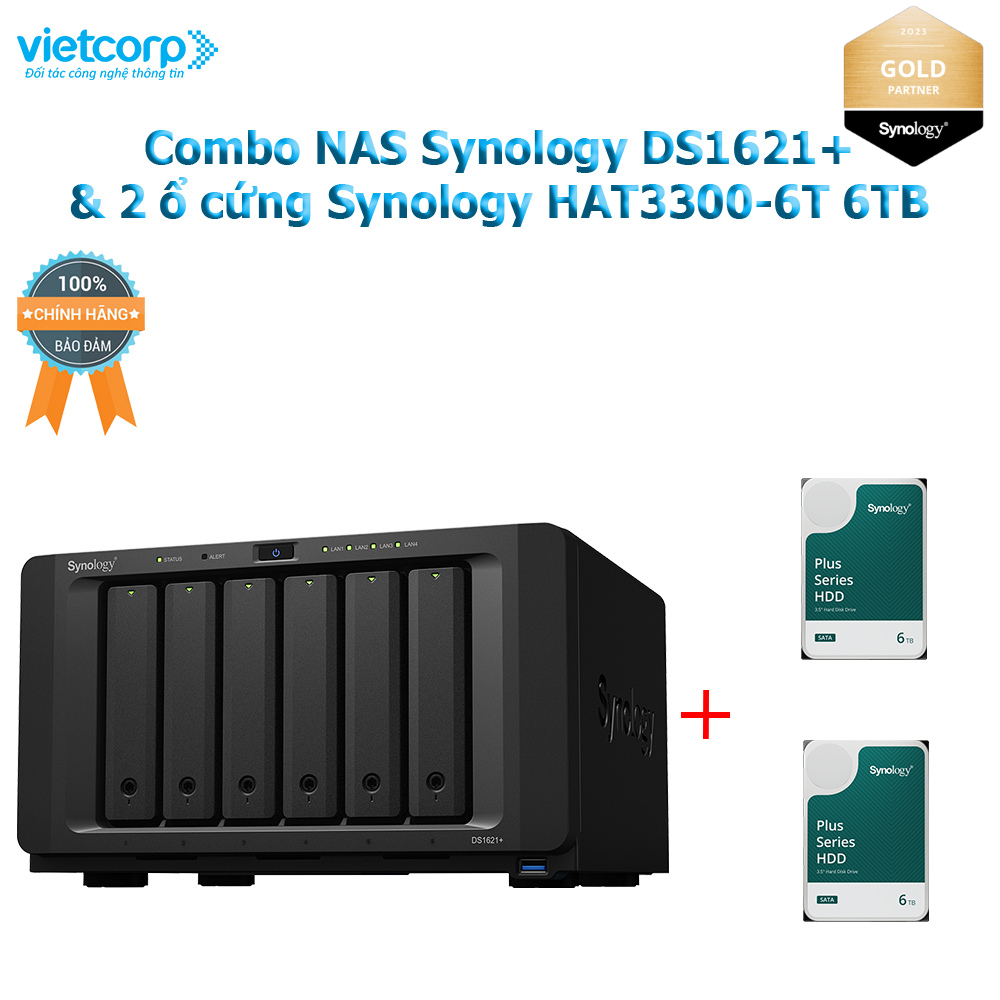 Combo Thiết bị lưu trữ NAS Synology DS1621+ và 2 Ổ cứng Synology HAT3300-6T Hàng Chính Hãng