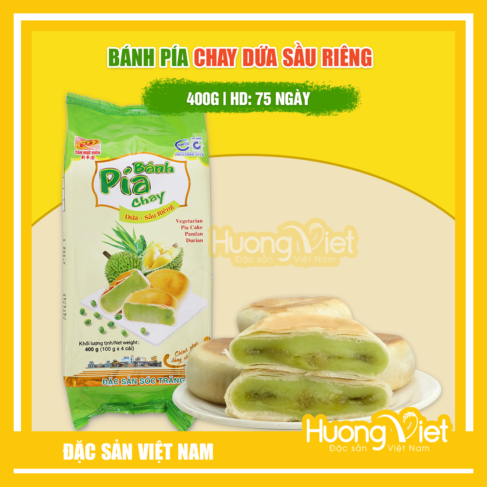 Đặc Sản Sóc Trăng - Bánh Pía Chay Dứa Sầu Riêng Tân Huê Viên 400G, Bánh Pía Không Trứng Tân Huê Viên Sóc Trăng