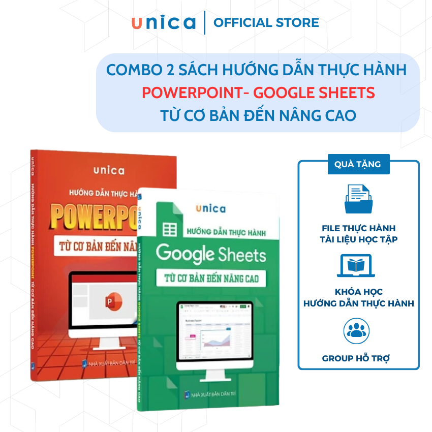 Combo 2 Sách PowerPoint - Google Sheets Thành Thạo Tin Học Văn Phòng Unica Kèm Khoá Học Video