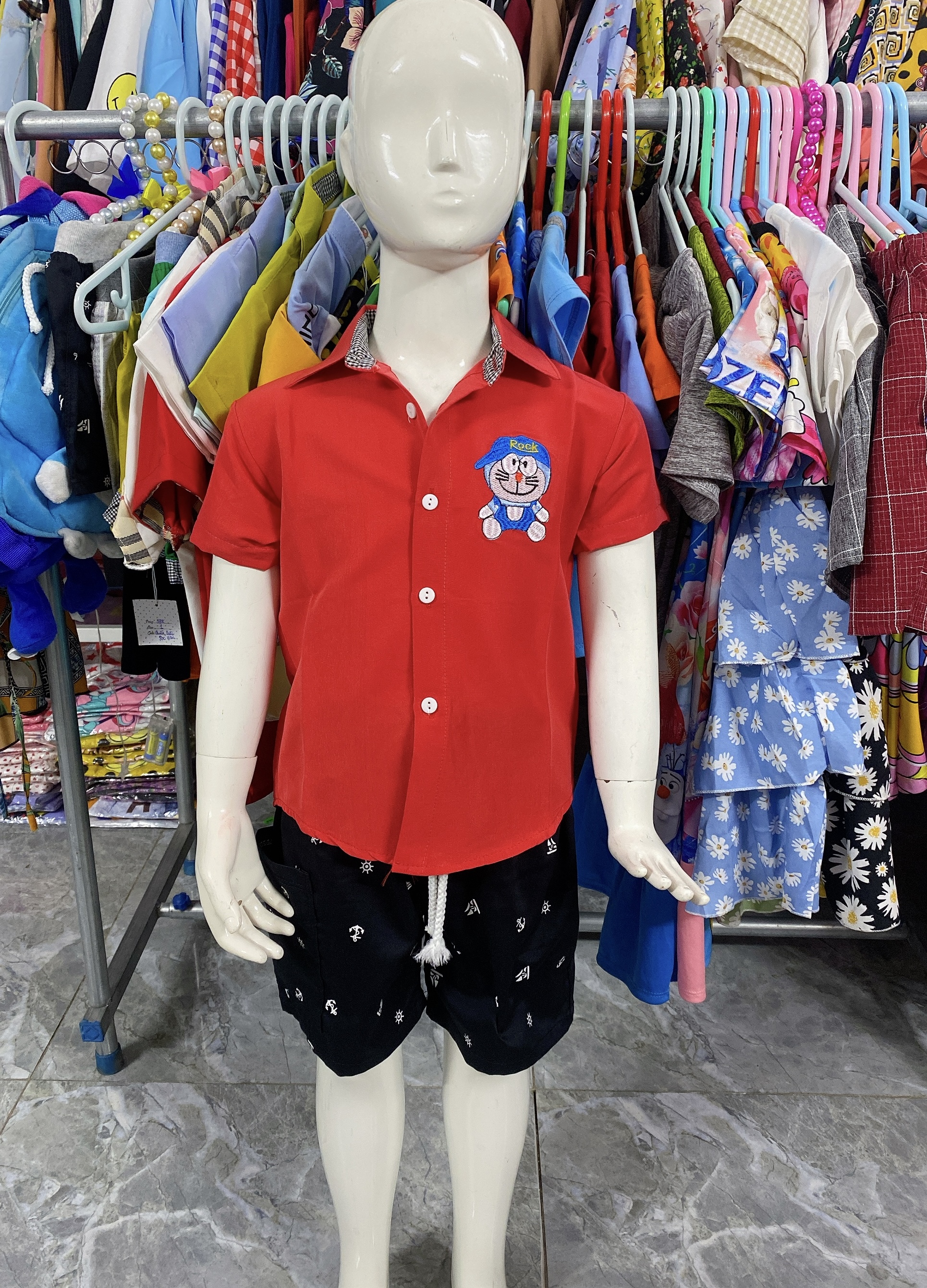 Áo Sơ Mi Bé Trai Size 10Kg-22Kg, 1-7 Tuổi Thêu Hình Đoraemon, Áo Tay Ngắn Chất Đẹp