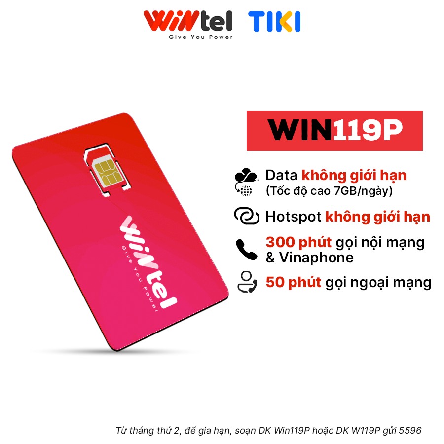 Sim WINTEL WIN119P Data 4G Tốc Độ Cao + Phát Wifi Không Giới Hạn, Dùng Sóng VinaPhone Trên Toàn Quốc - Hàng Chính Hãng