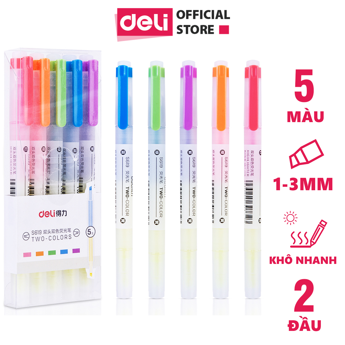 Set bút highlight nhấn dòng đa năng Deli - Dùng để ghi nhớ - Hộp 5 chiếc - S619