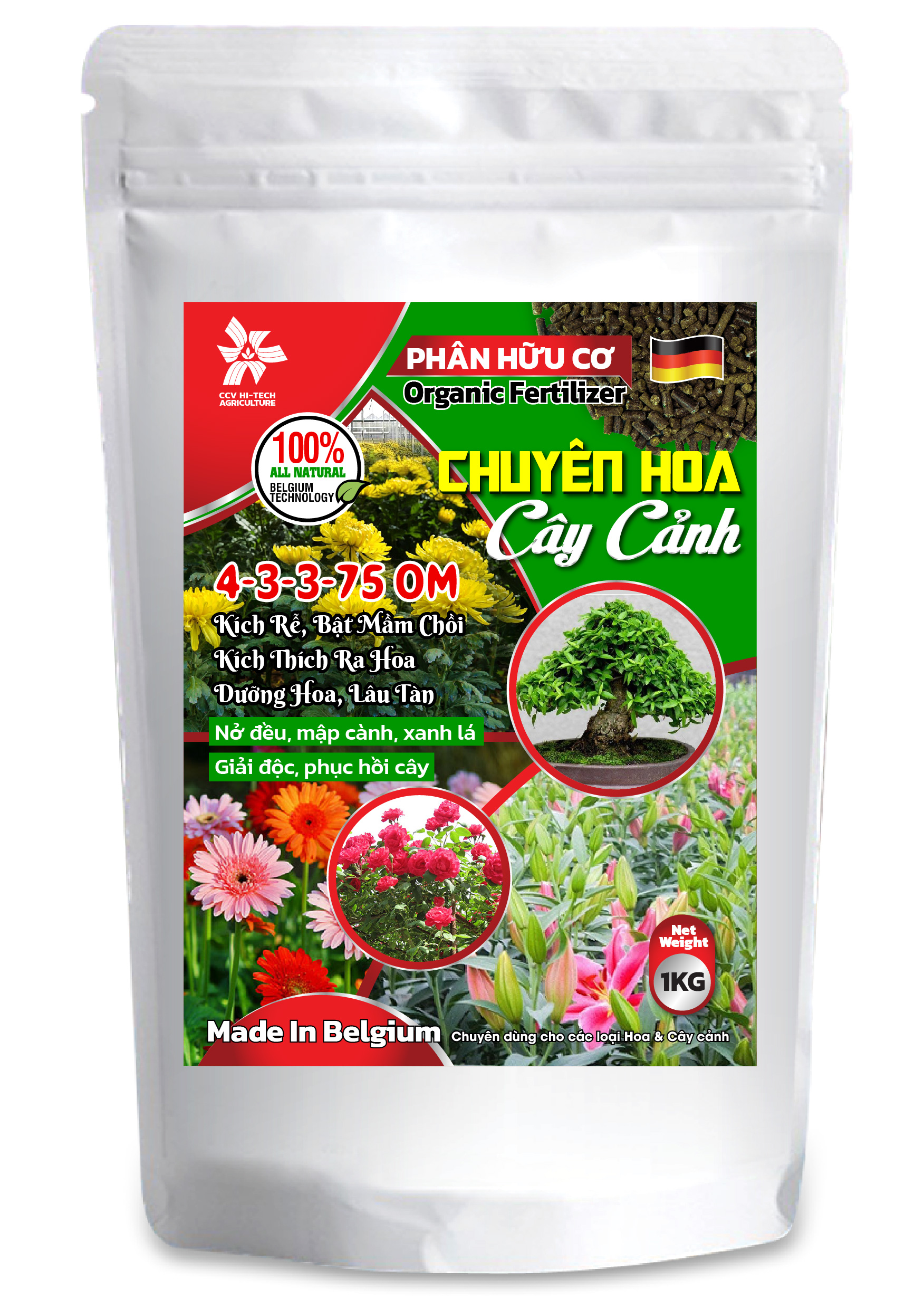 Phân bón hữu cơ nhập khẩu 4-3-3-75 OM chuyên Hoa & Cây cảnh. Viên nén dinh dưỡng hữu cơ chính hãng Bỉ
