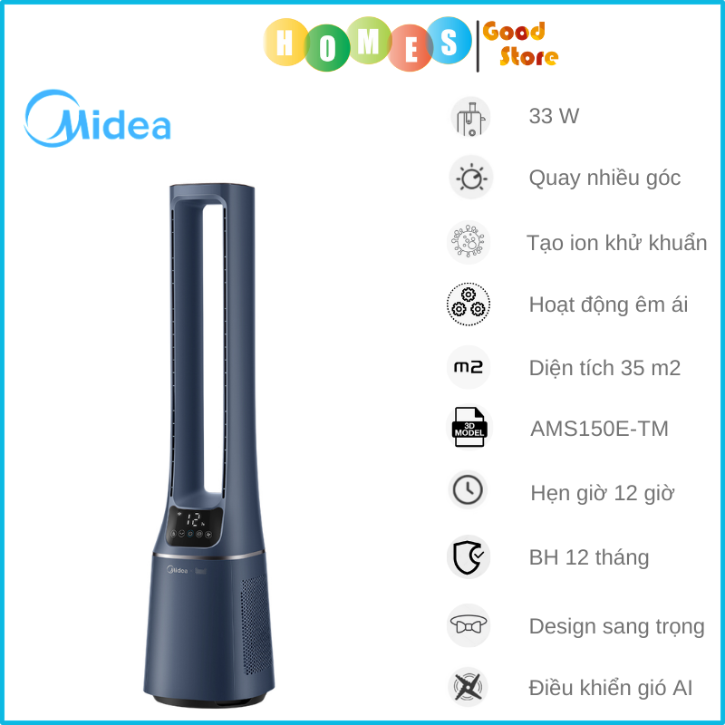 Quạt Không Cánh Midea AMS150E-TM Nhận Diện Điều Khiển Gió AI Tự Động  Độ Gió, Lọc Ion Khử Trùng SPI Và Làm Sạch Không Khí, Góc Quay 60 Độ, Kết Nối App - Hàng Nhập Khẩu