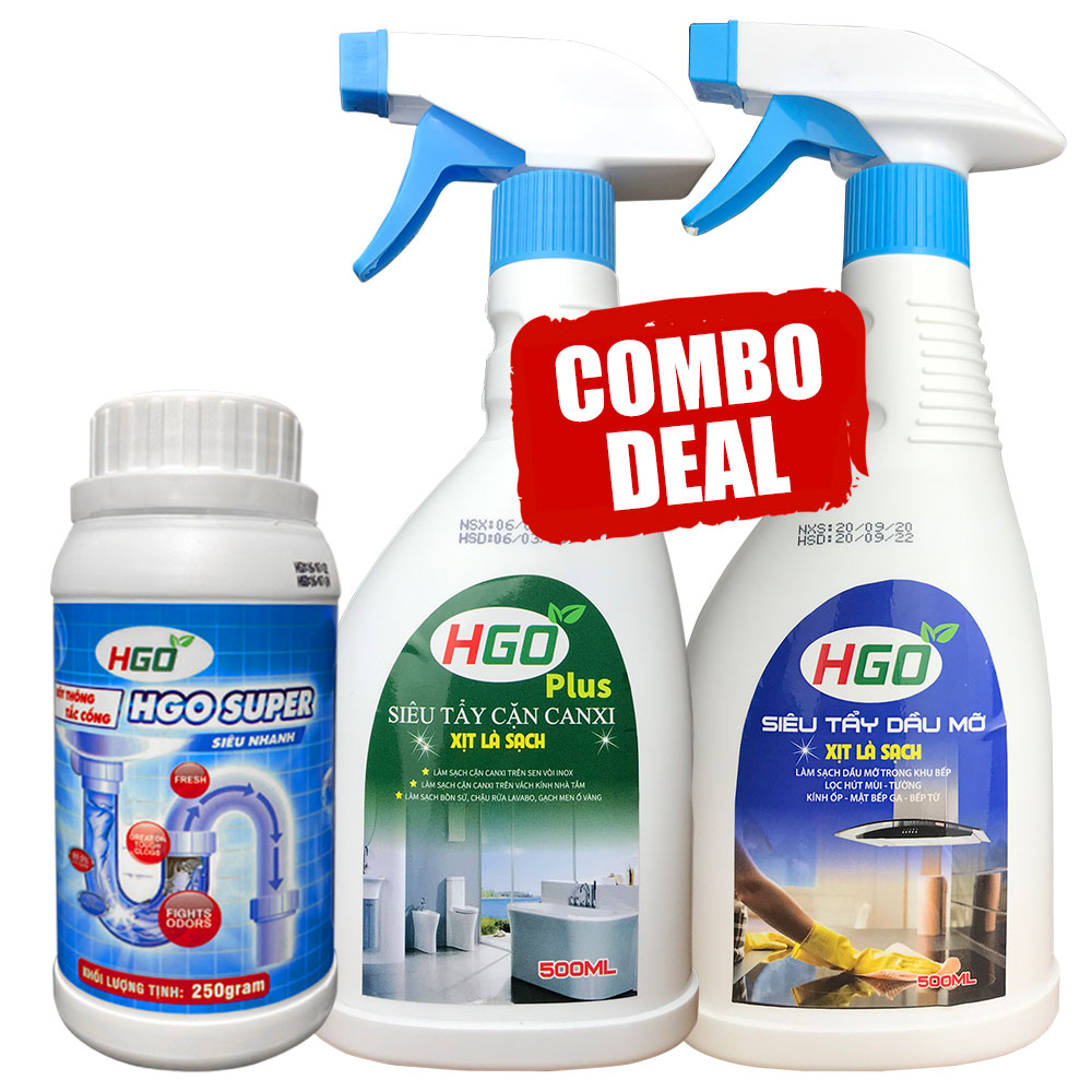 [COMBO 3 CHAI] Tẩy cặn canxi + tẩy dầu mỡ + bột thông cống HGO-NEW3 tiết kiệm 30%