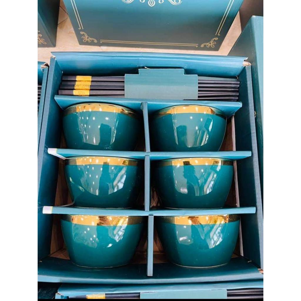 Bộ 6 bát sứ xanh viền vàng cao cấp kèm đũa