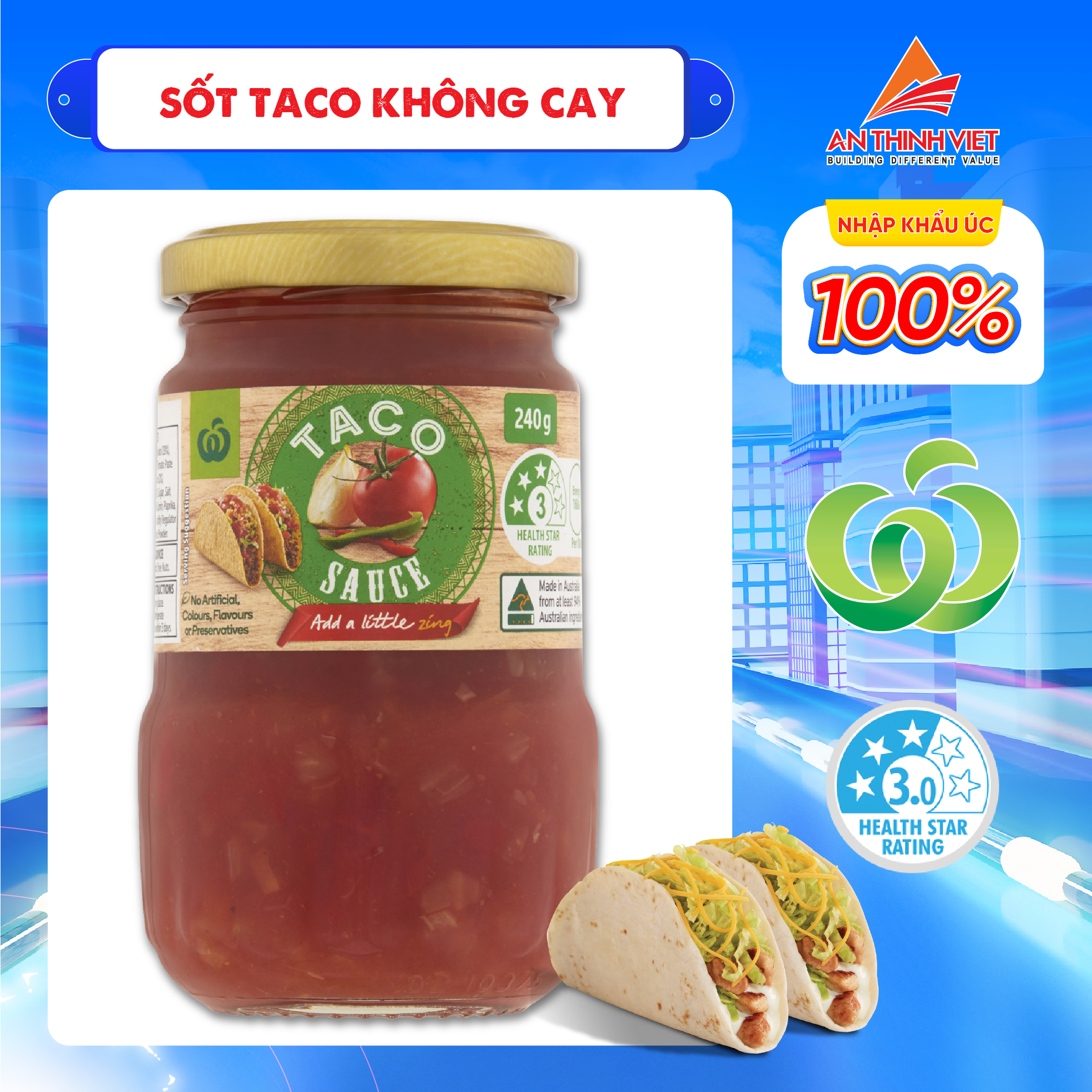 Sốt taco không cay, sốt chấm làm Bánh Tacos & Tortilla Woolworths hũ 240g