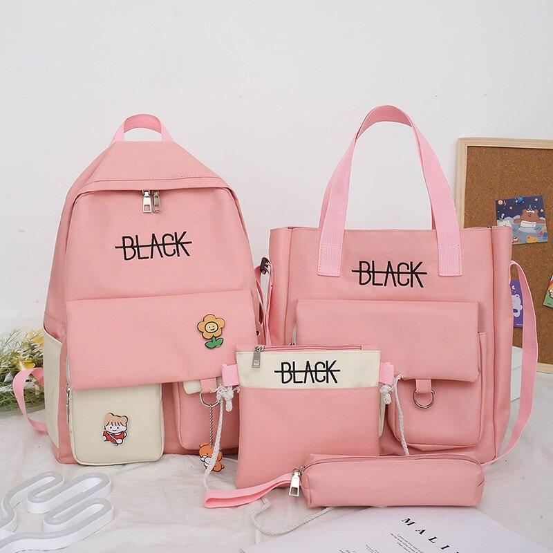 Set Balo 4 Món Black và Hoa BALO THỜI TRANG NAM NỮ TO Ulzzang