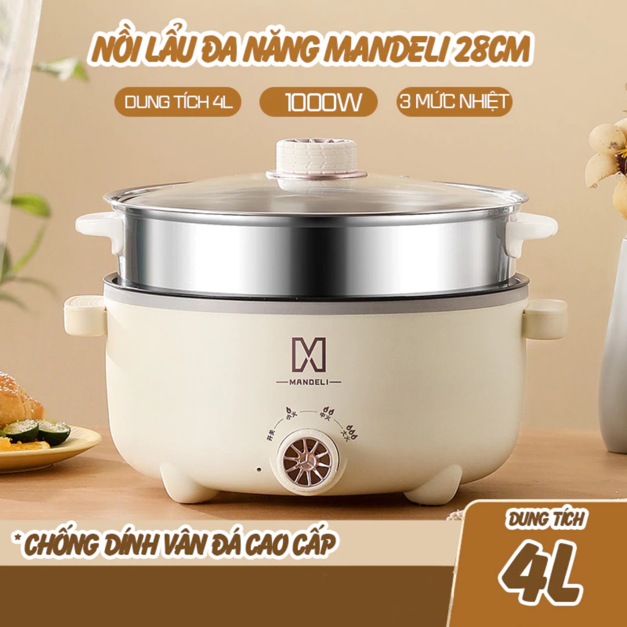 Nồi Lẩu Điện Đa Năng Mini Chống Dính Vân Đá Cao Cấp Công Suất 1000W, Nồi Điện Đa Năng Kèm Xửng Hấp Inox 28cm Dung Tích 4L Phù Hợp Cho Gia đình -Hàng Chính hãng MINIIN