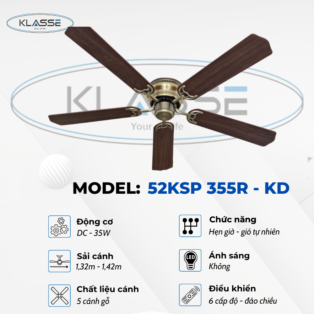 Quạt trần không đèn Klasse 52KSP 355R – KD hàng chính hãng