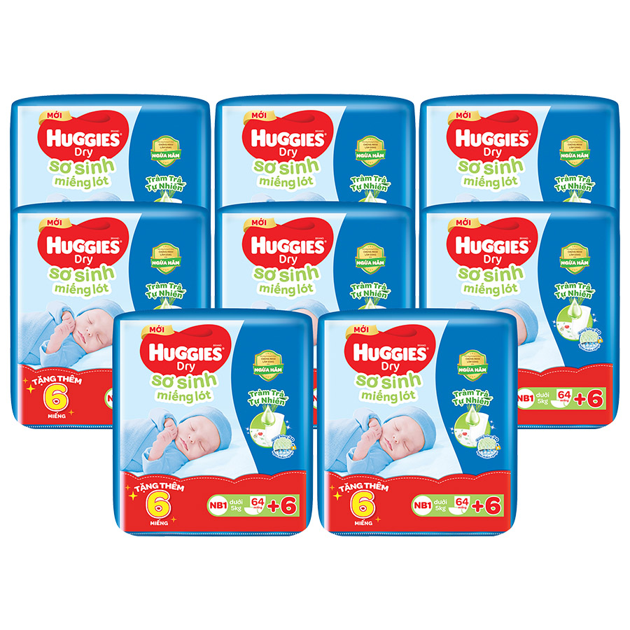 Combo 8 gói Miếng lót sơ sinh NB1 HUGGIES DRY 64 miếng + 6 miếng cùng loại