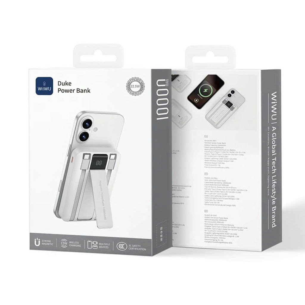 Pin sạc dự phòng WIWU Wi-P061 10.000mAh – 22.5W | PD 20W | Không dây 15W | Tích hợp cáp Type-C &amp; Lightning. Hàng Nhập Khẩu