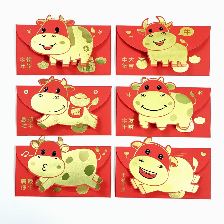 SET 6 BAO LÌ XÌ CON TRÂU 3D CUTE NHŨ VÀNG 2021 (MẪU 2) - SP000671