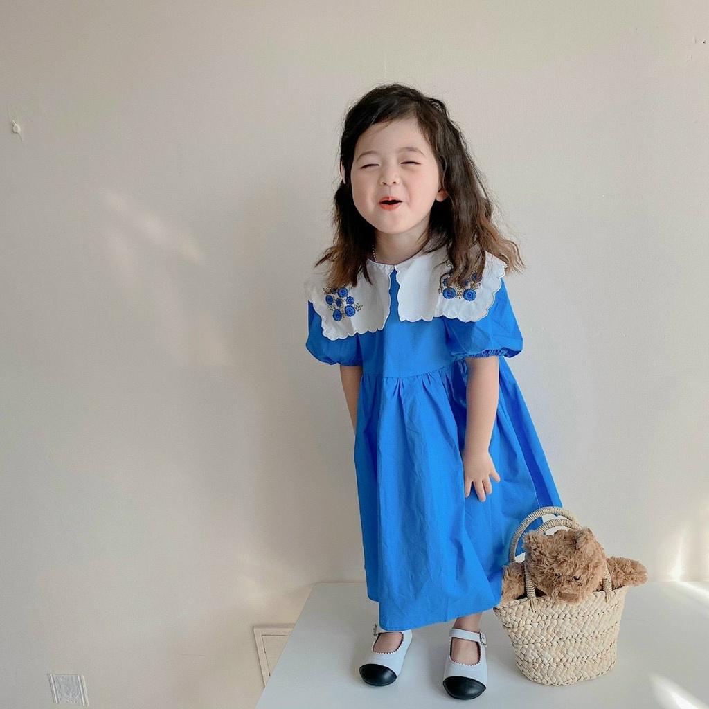 Đầm babydoll thêu hoa phong cách Hàn Quốc cho bé gái tone xanh size 12-35kg chất kate mềm mát
