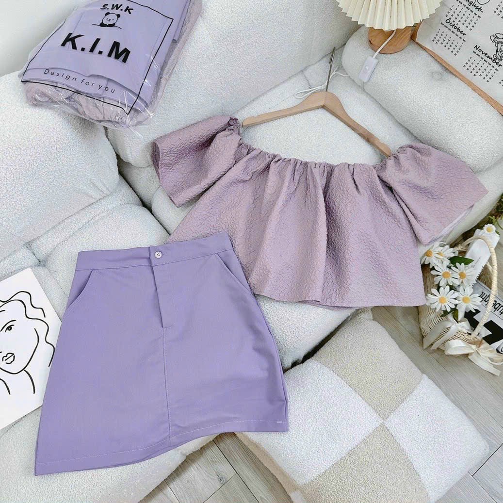 ĐẦM SET ÁO CROPTOP TRỄ VAI CỔ U TAY NGẮN BỒNG PASTEL TRƠN+ CHÂN VÁY NGẮN SUÔNG TRƠN CHỮ A TÍM QUẦN VÁY DẠO PHỐ DỰ TIỆC CÔNG SỞ ĐI BIỂN