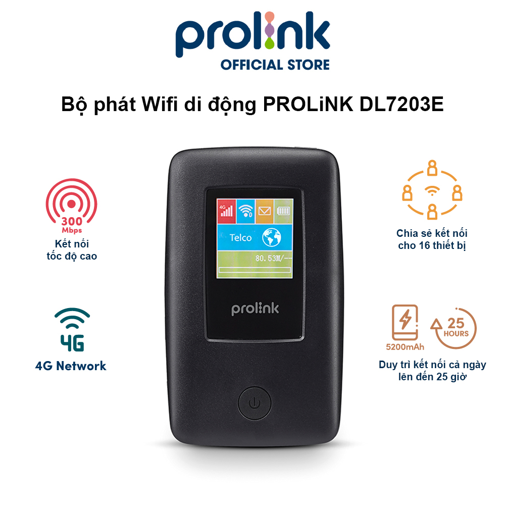 Bộ phát Wifi di động PROLiNK DL7203E dùng SIM 4G LTE 150Mbps, pin 5200mAH lên tới 25h, TFT 1.44&quot;, cổng RJ45, USB 2.0 - Hàng chính hãng