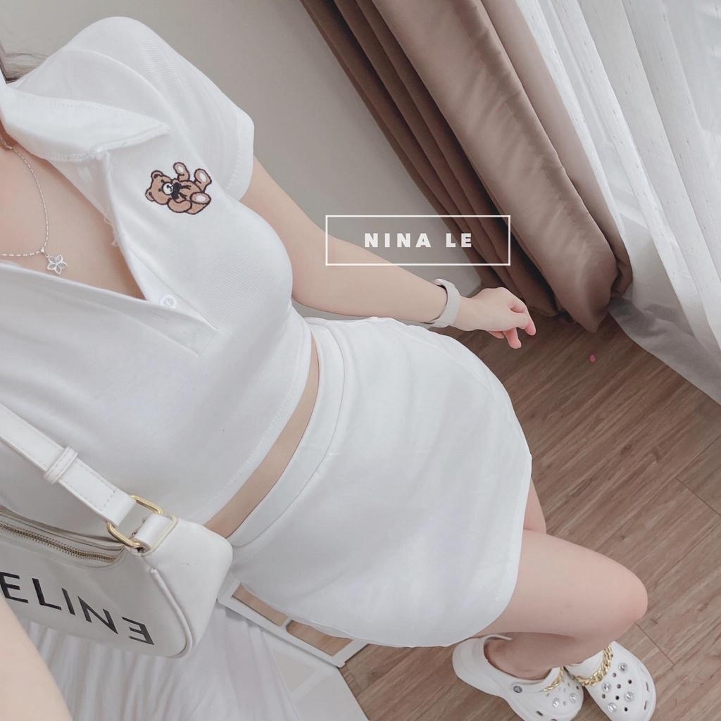 Set bộ đồ nữ thun body áo croptop thêu gấu xinh xắn mix với chân váy siêu xinh tôn da, tôn dáng cho các tình yêu