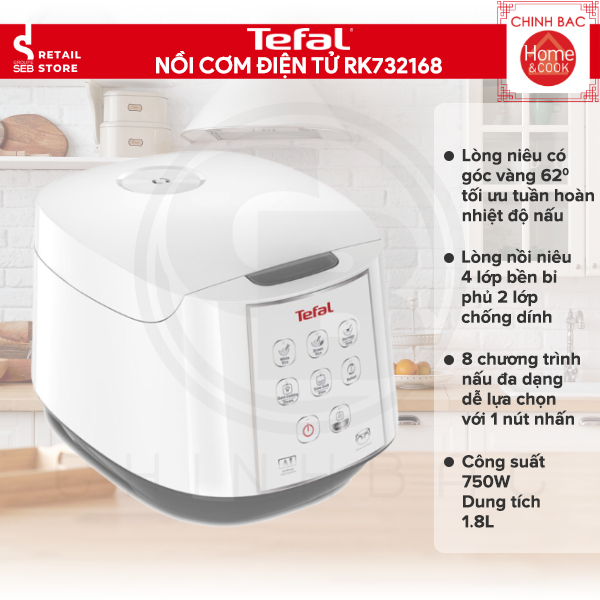 Nồi cơm điện tử Tefal RK732168, Dung tích 1.8L, Công suất 750W - Hàng chính hãng