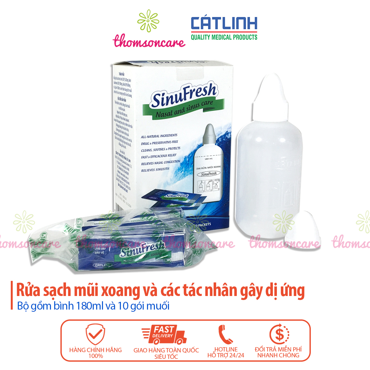 Bình rửa mũi SinuFresh Cát Linh - Tặng kèm 10 gói muối - Chính hãng, giảm xoang