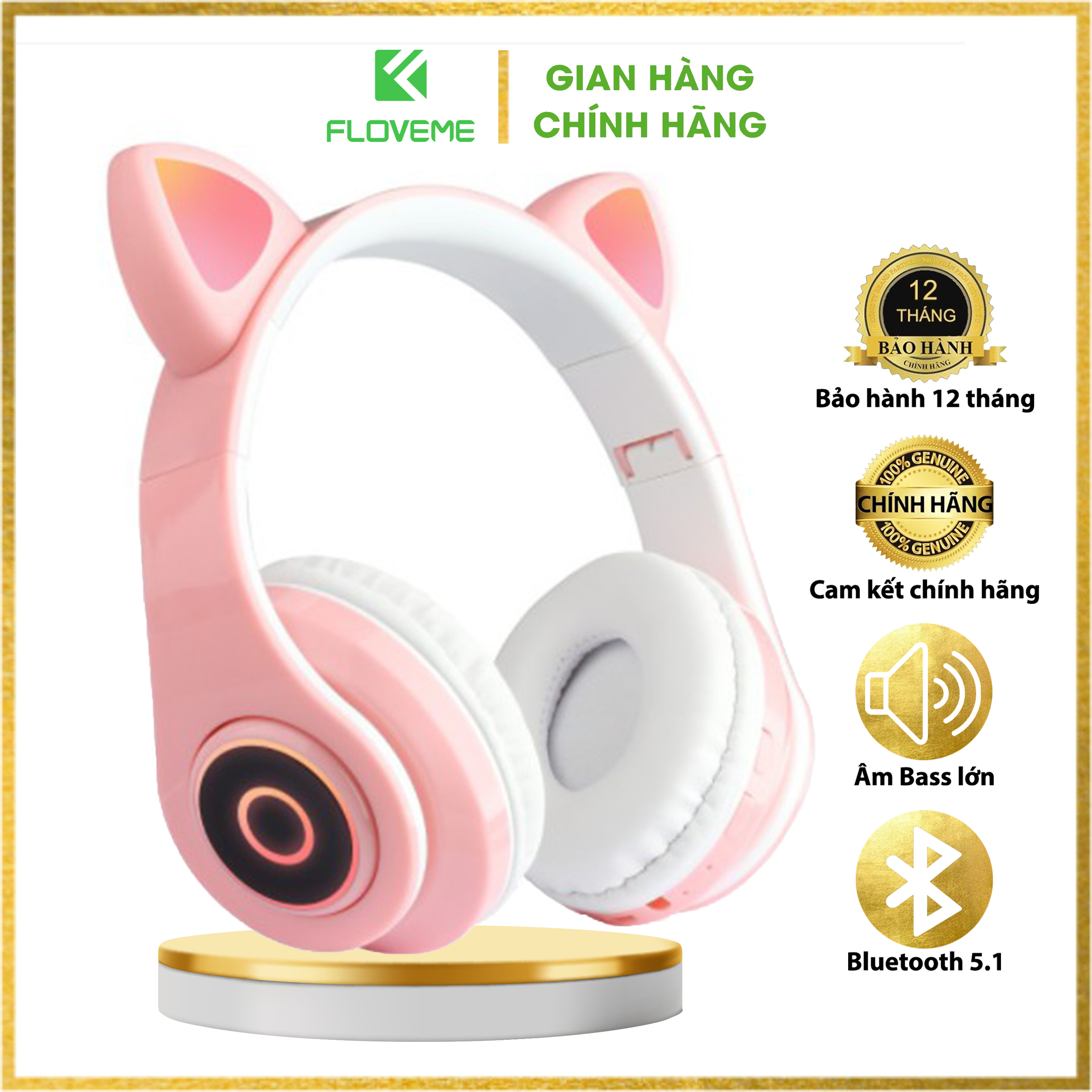 Tai nghe Bluetooth FLOVEME B39 tai mèo đáng yêu có mic đàm thoại cao cấp, có đèn phát sáng cute tai nghe thời trang - Hàng chính hãng