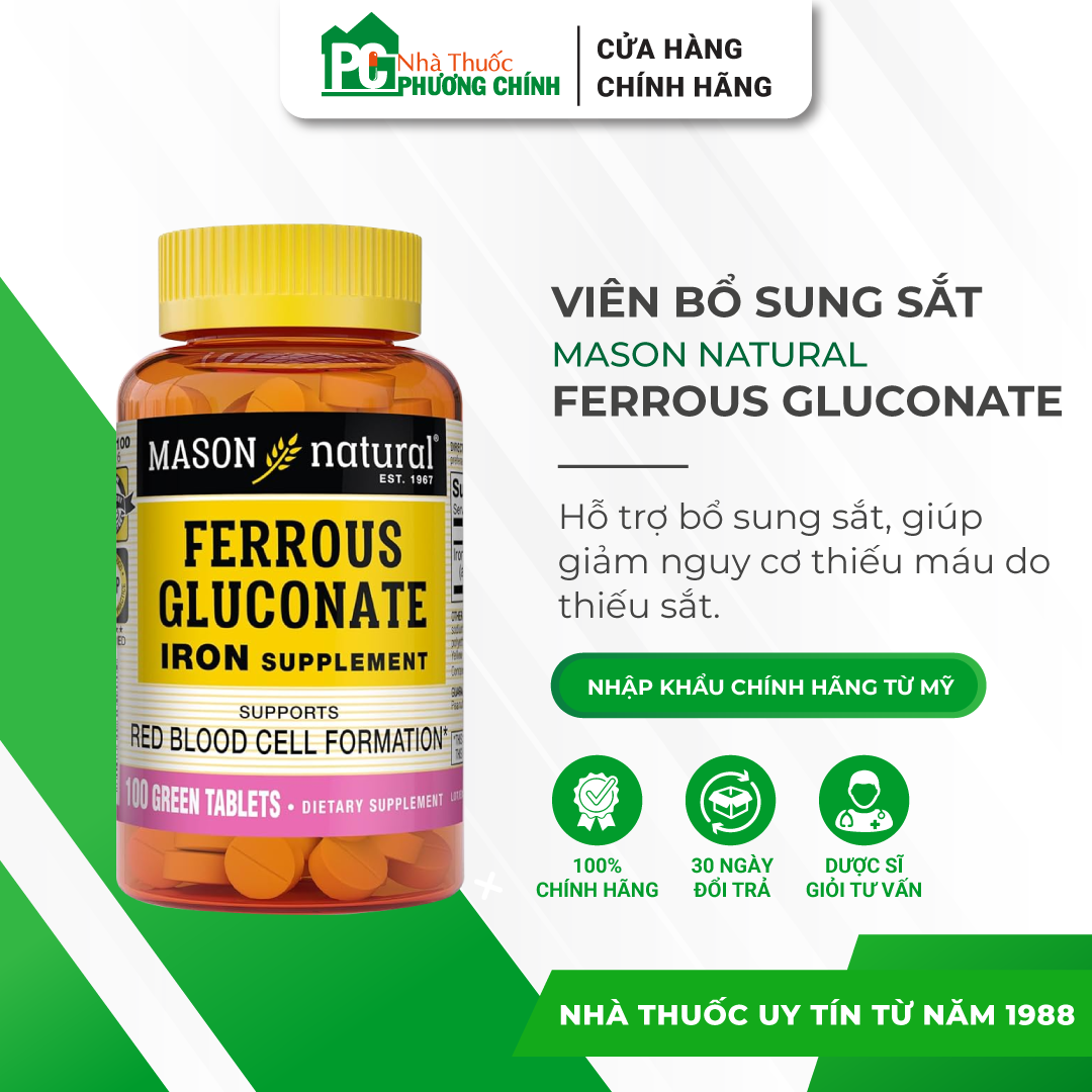 Viên Bổ Sung Sắt Mason Ferrous Gluconate - Giúp Giảm Nguy Cơ Thiếu Máu Do Thiếu Sắt (Hộp 100 Viên)