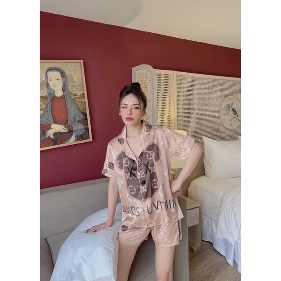 Bộ đồ ngủ Pijama, đồ bộ lụa quần đùi cộc tay hoạ tiết satin siêu hùi