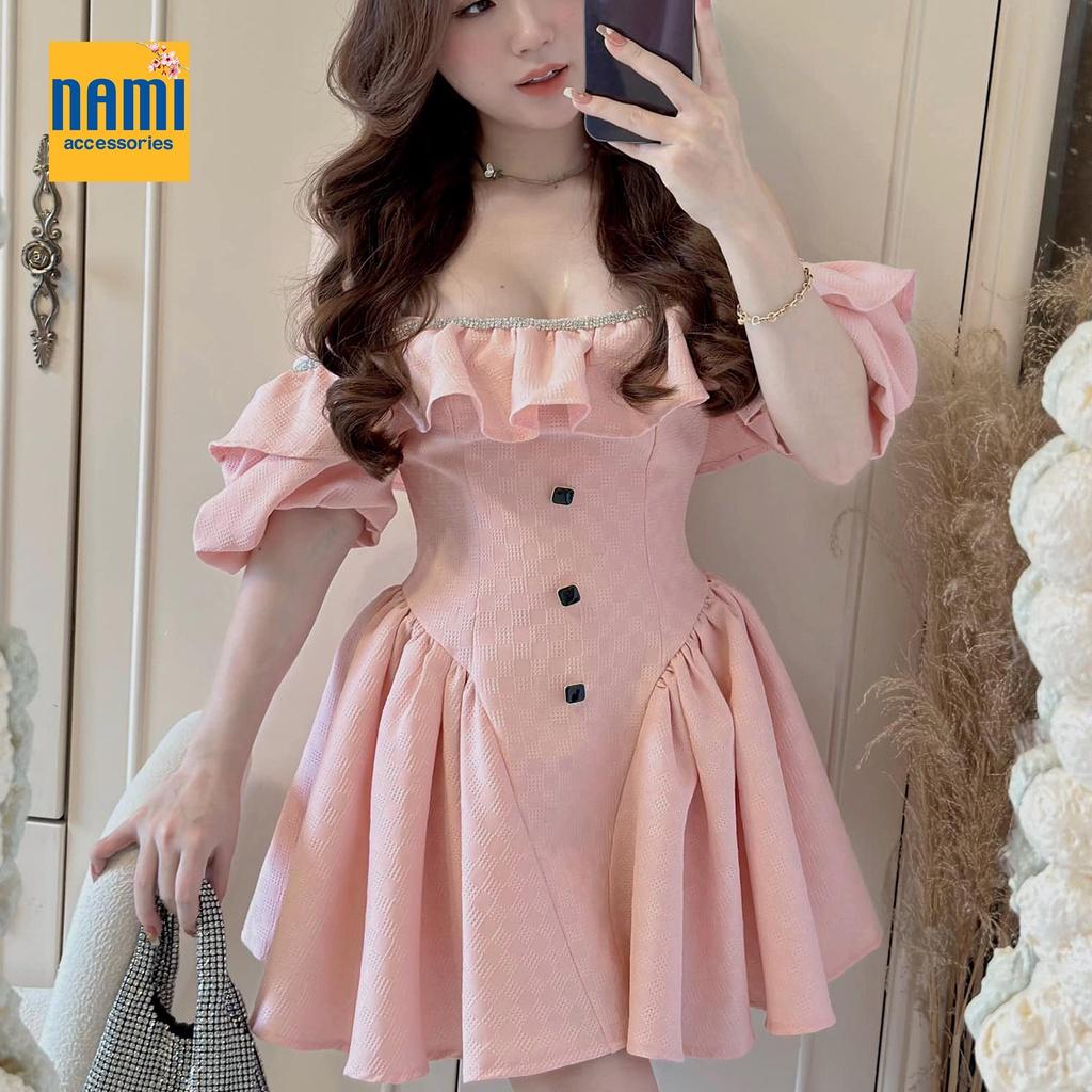 Đầm xoè trễ vai nhúng bèo tay phồng kết đá Nanami chất liệu bố karo form dáng tiểu thư xinh xắn điệu đà nổi bật- ATNU063