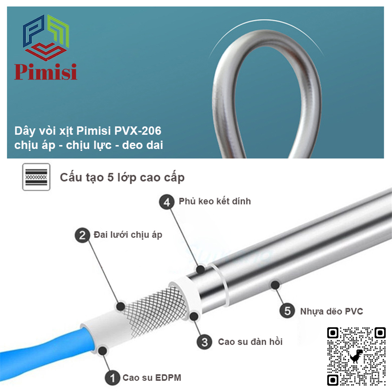 Vòi Xịt Bồn Cầu Vệ Sinh Phòng Tắm Pimisi PVX-206 Chịu Áp Lực Nước Lớn Như Chung Cư, Nhà Cao Tầng Hay Máy Tăng Áp Mạ Màu Inox, Với Tay Xịt Toilet WC Chìm Chống Gãy - Bể - Vỡ Và Dây Nhựa Dẻo Cao Cấp - Mềm - Trơn Bề Mặt | Hàng Chính Hãng