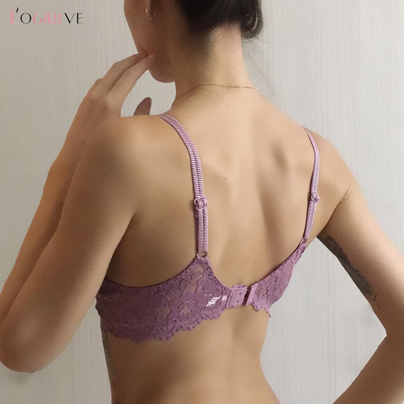 Logirlve Hot Sexy Push Up Bra V Sâu Yếm Cotton Dày Đồ Lót Nữ Ren Màu Tím Thêu Hoa Lót Một B cup Áo Lót