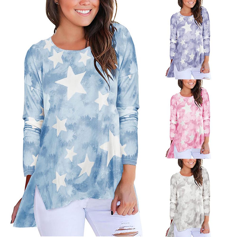 Fashion Women Autumn Tie-Dye Stars Print T-Shirt O Neck Long Sleeve Irregular Hem Split Hem Casual Shirt Top