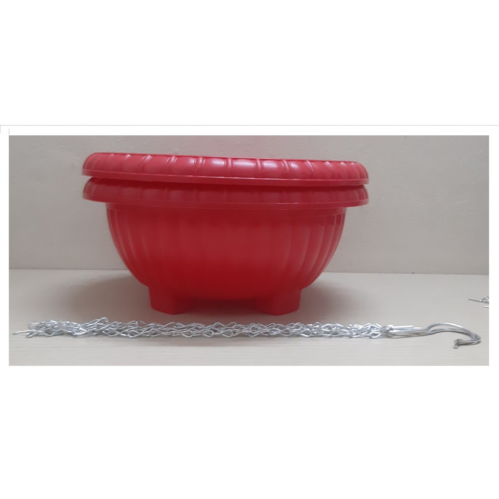 2 Chậu Nhựa Tròn Trồng Hoa Màu Đỏ Có Móc Treo - Chậu chảo treo trồng hoa có móc xích kèm theo! KT: 33x13 cm