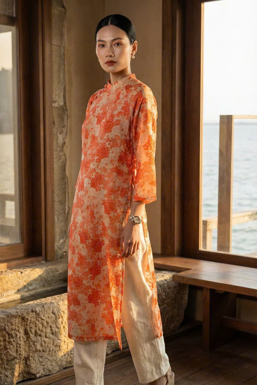 Áo Dài Suông Tay Raglan Vải Gai Xanh Ramie Hoa ADA001 thời trang thiết kế Hity