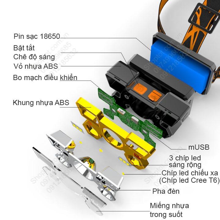 Đèn Pin LED siêu sáng đội đầu 5 bóng led-9 chip LED với pin sạc gắn sẵn bên trong