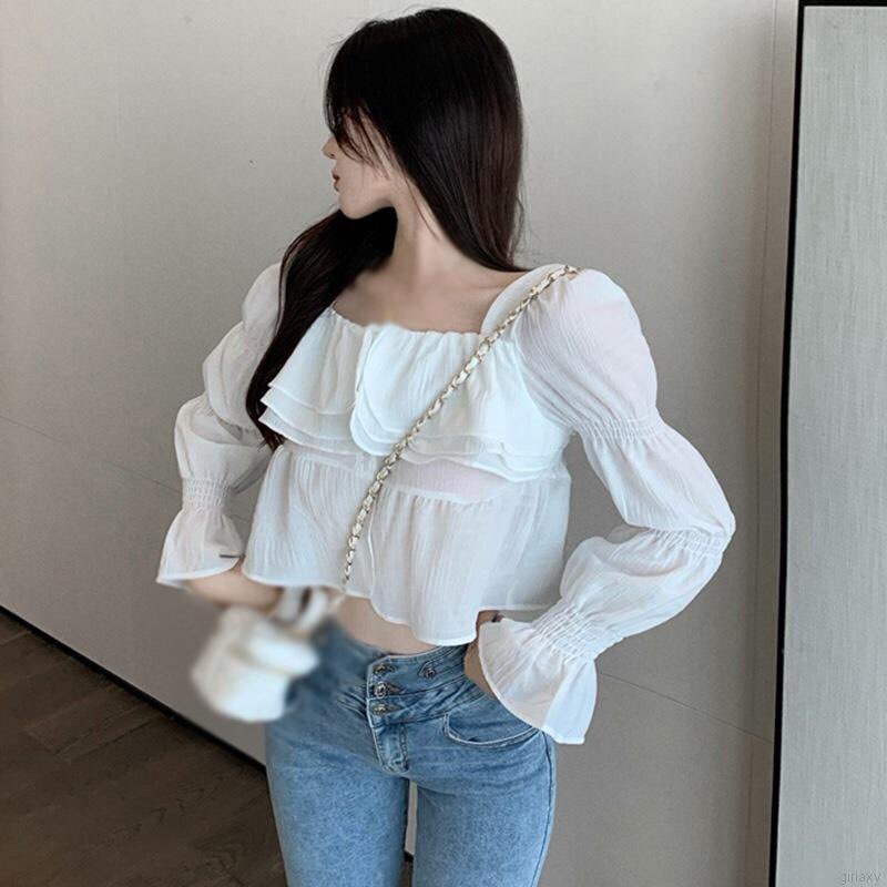 Áo thời trang nữ dáng ngắn nhún bèo dài tay