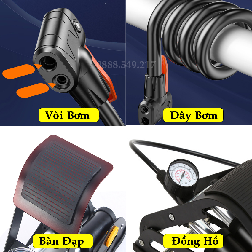 Bơm Xe Đạp Chân Siêu Khỏe Đồng Hồ Chính Xác - Bơm Mini 2 pitton Dùng Cho Ôto, Xe Máy, Xe Đạp Siêu Khỏe Nhanh Đầy Cực Kì Tiện Dụng